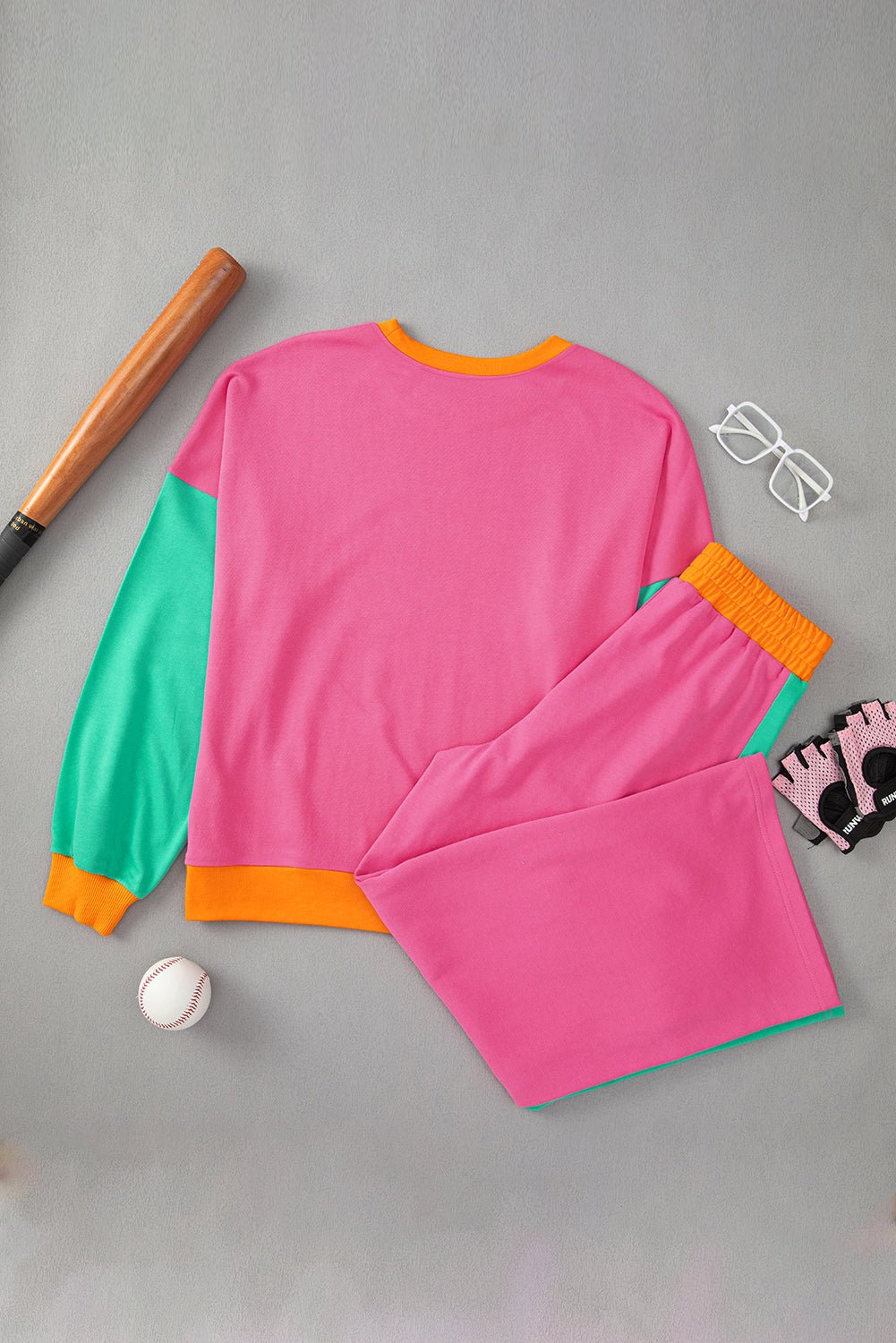Rose Red Colorblock Patchwork Long Sleeve Top and Pants Set