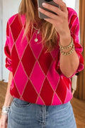 Rose Red Glitter Rhombus Pattern Knit Womens Casual Sweater