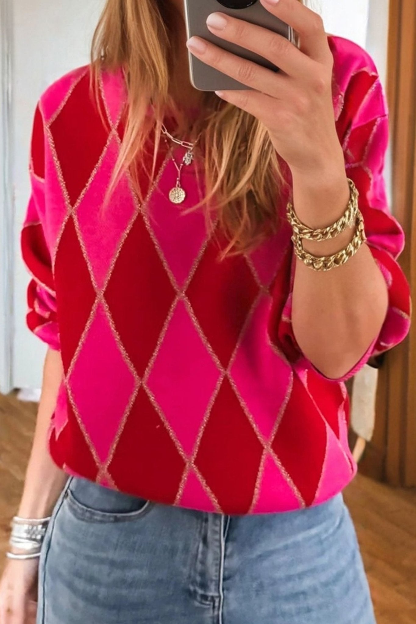 Rose Red Glitter Rhombus Pattern Knit Womens Casual Sweater
