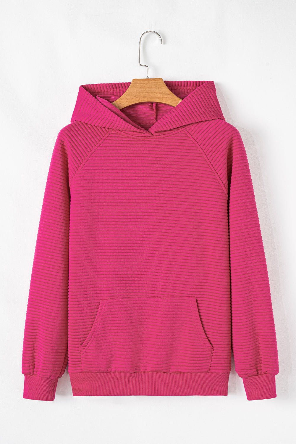 Rose Red Kangaroo Pocket Plain Textured Hoodie