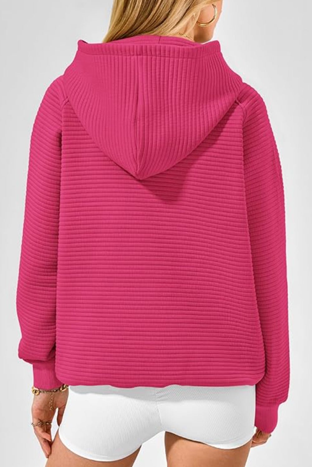 Rose Red Kangaroo Pocket Plain Textured Hoodie