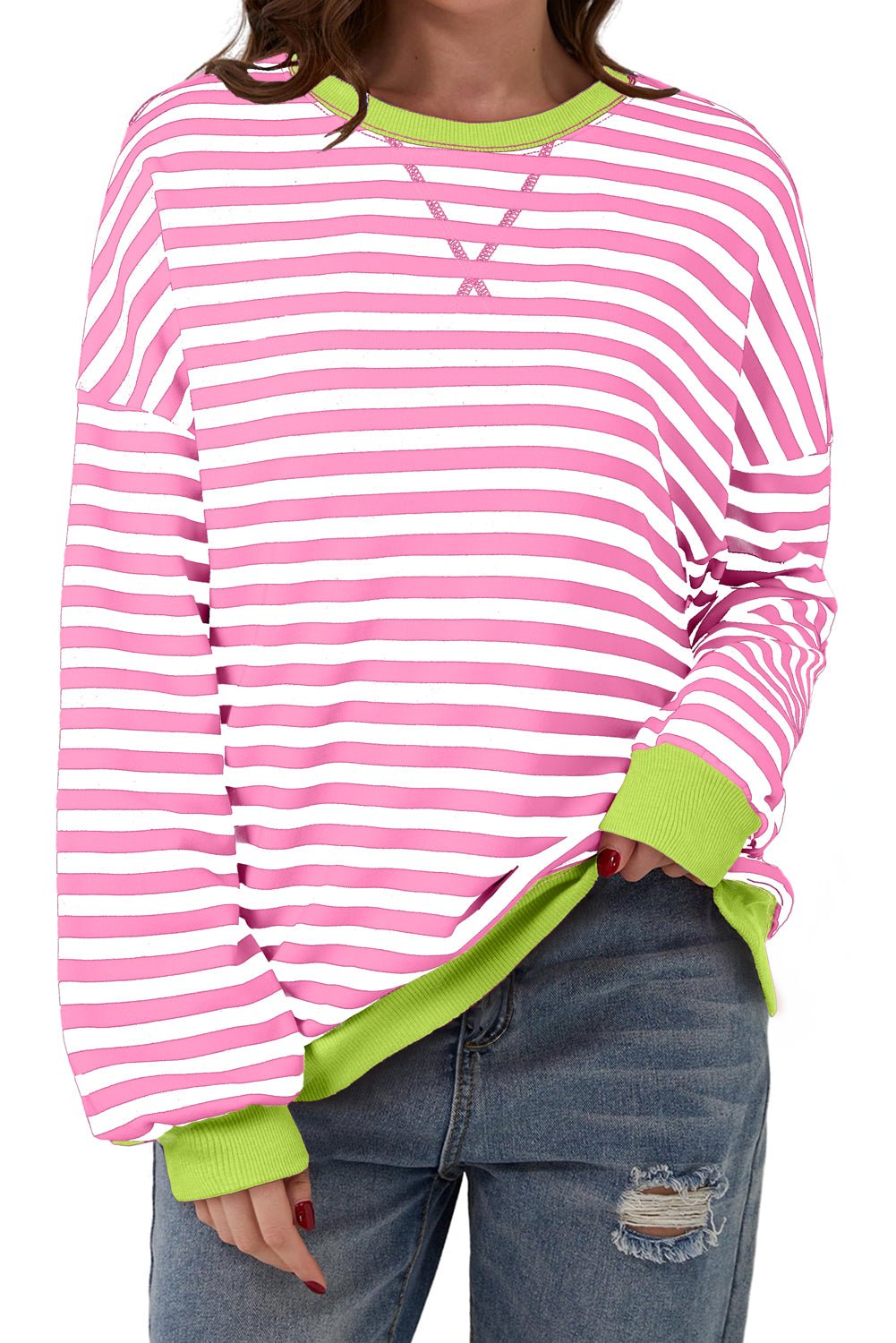 Rose Red Striped Contrast Trim Drop Shoulder Sweatshirt