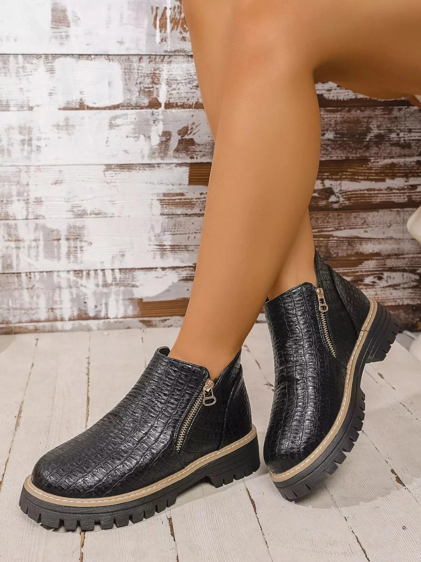 Round Toe Side Zip Ankle Boots
