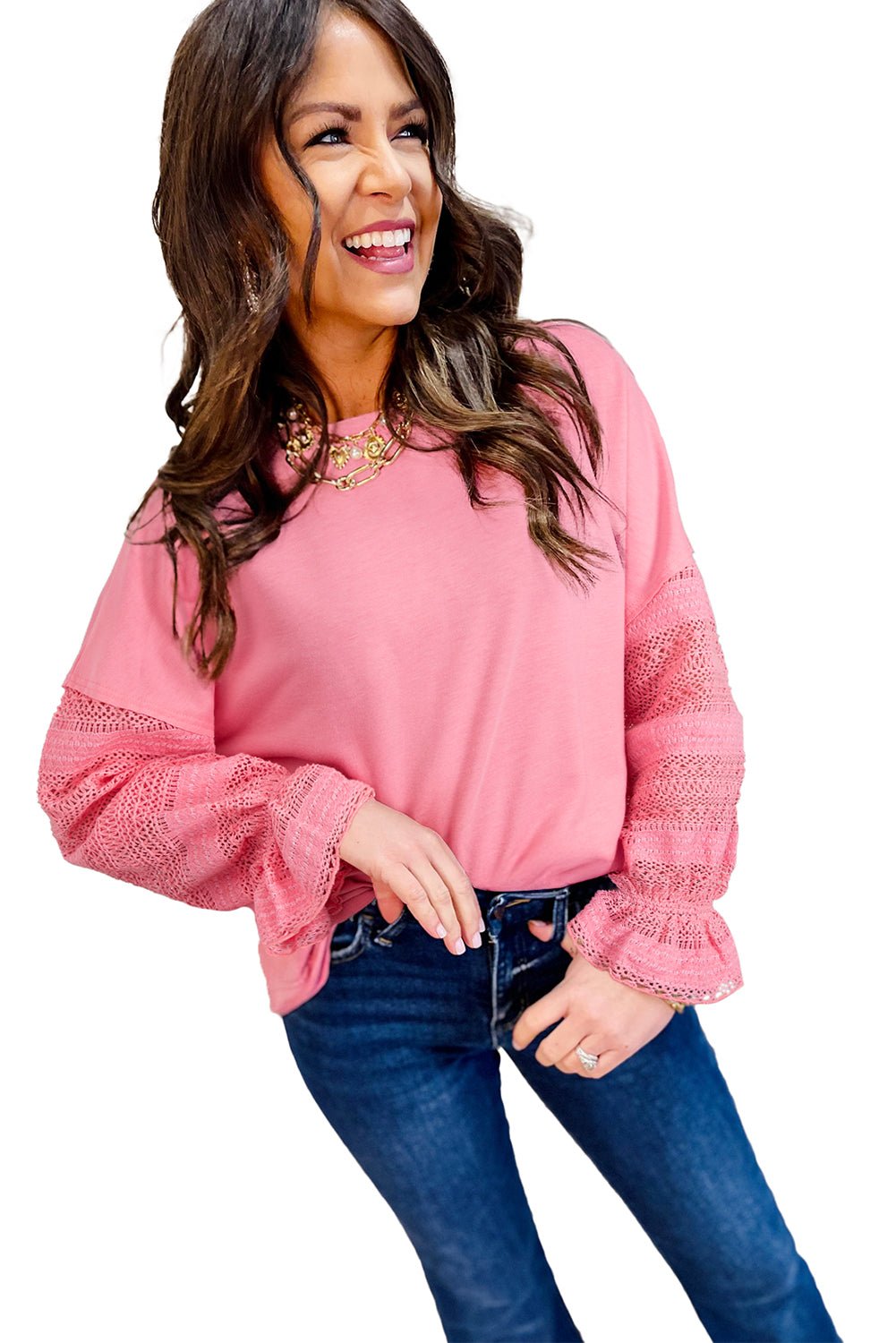 Sachet Pink Lace Patchwork Sleeve Loose Sweatshirt