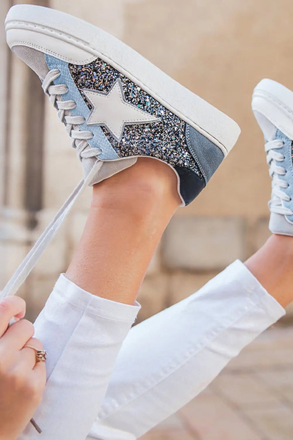 Silver Sequin Star Patch Lace Up Shoes