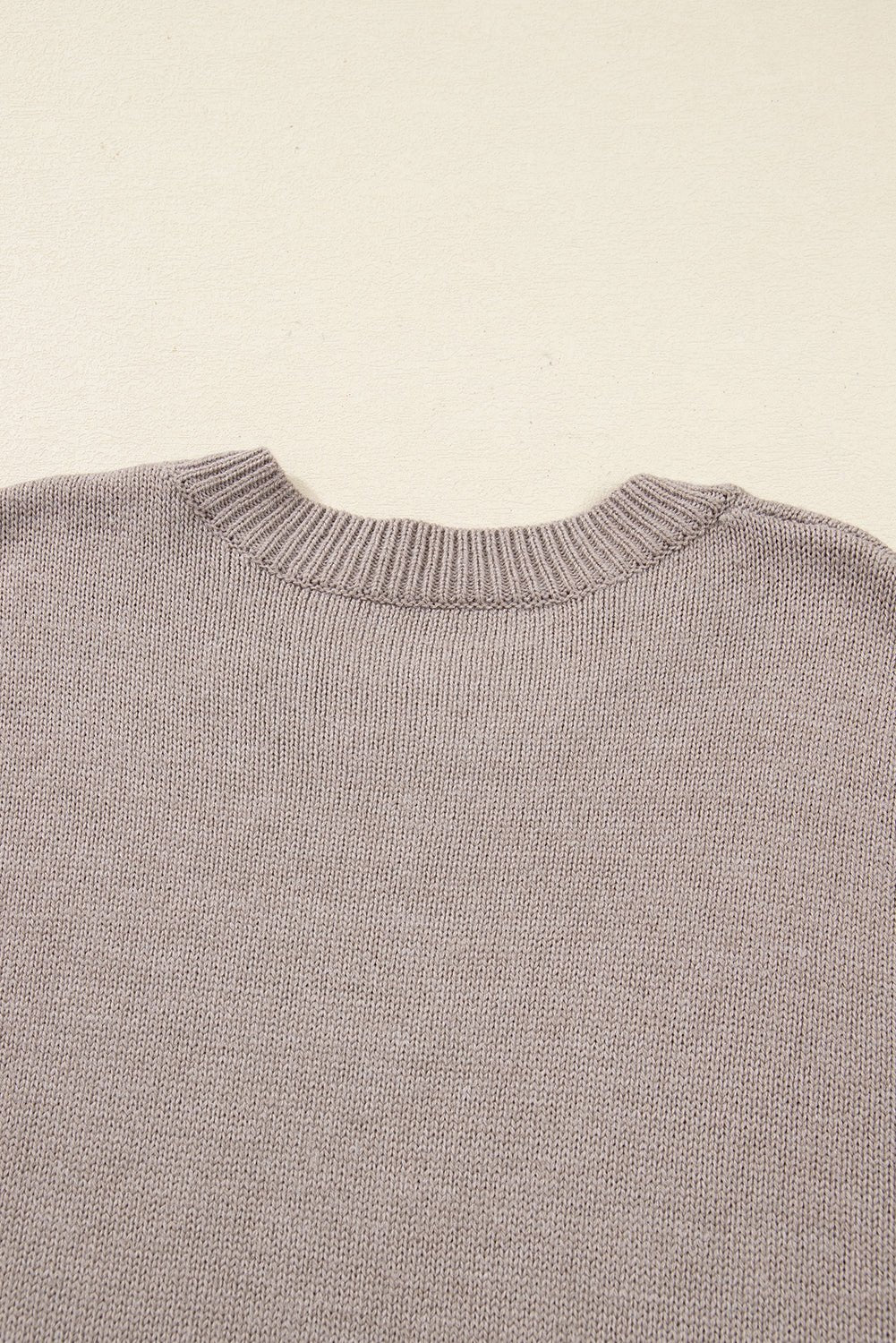 Simply Taupe Embroidered Floral Sleeve Round Neck Loose Sweater