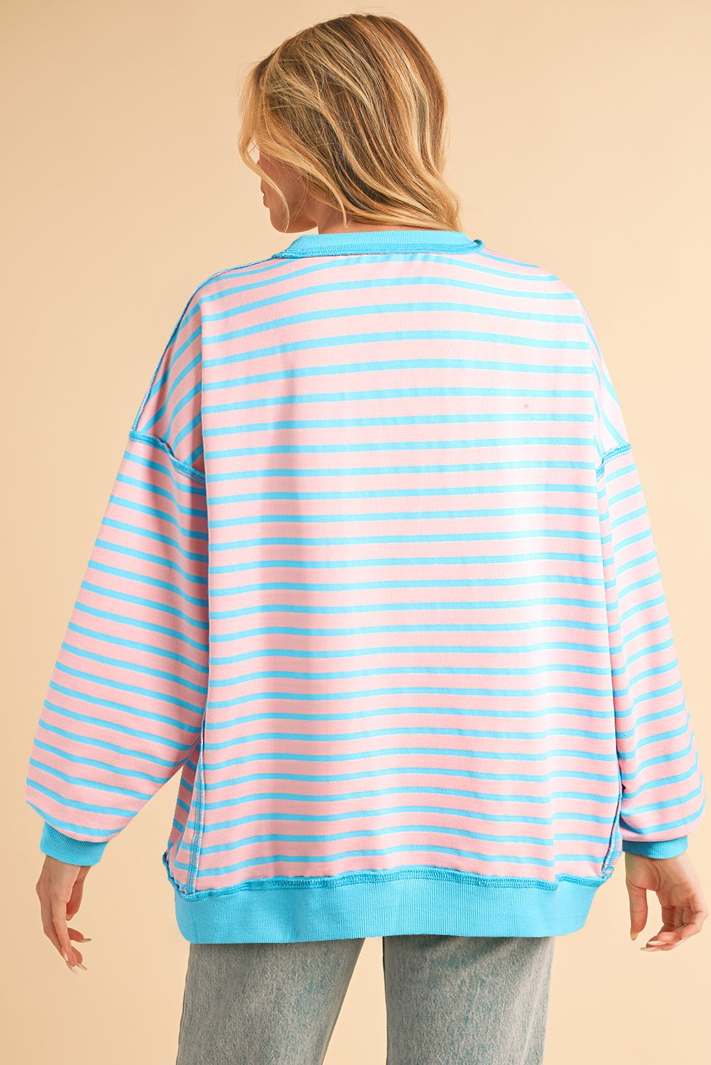 Sky Blue Stripe Contrast Trim High Low Tunic Sweatshirt
