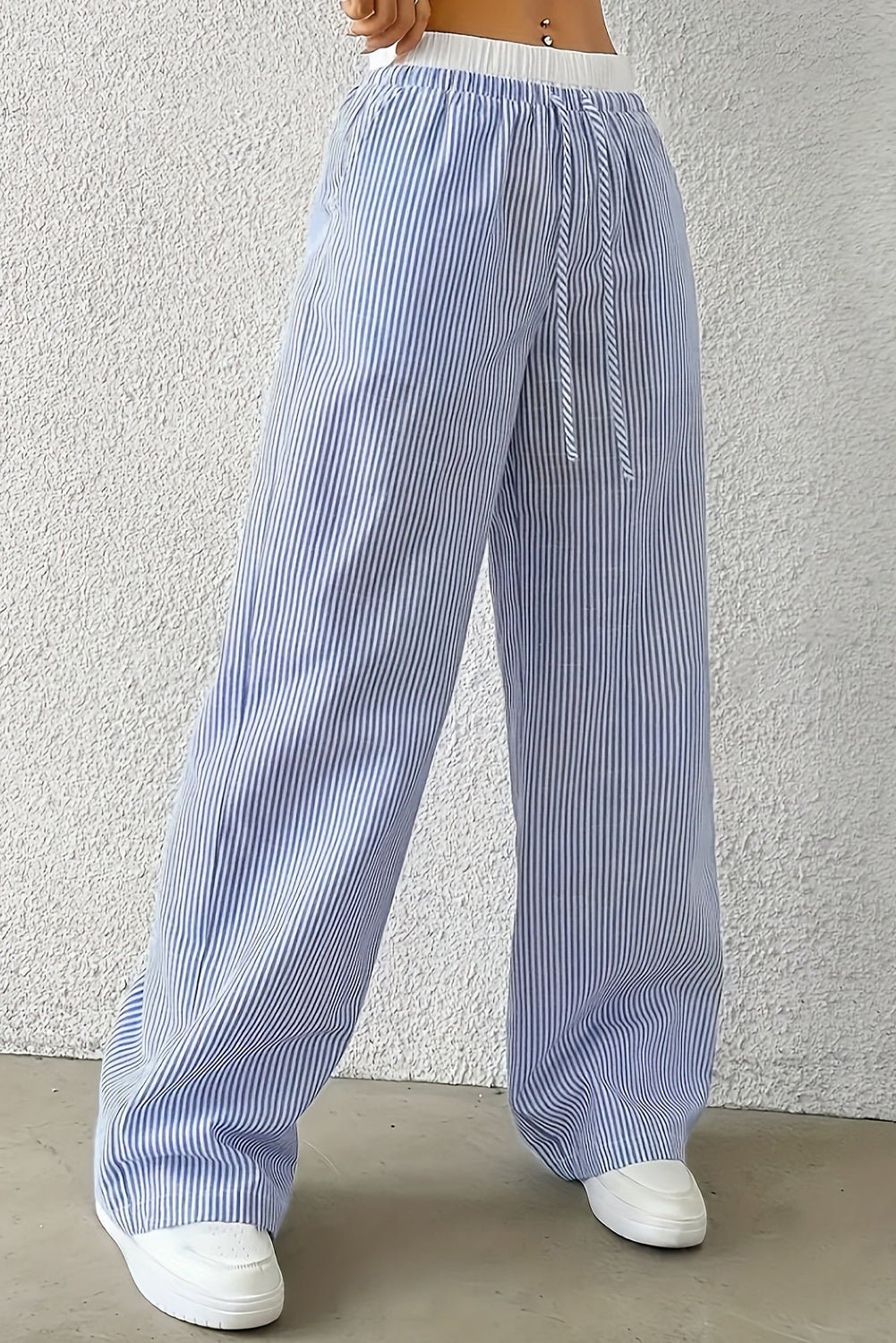 Sky Blue Stripe Drawstring High Waist Pants