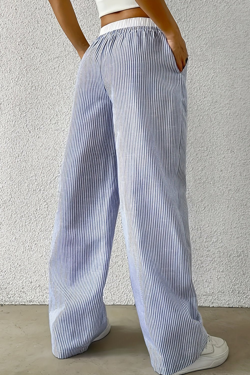 Sky Blue Stripe Drawstring High Waist Pants