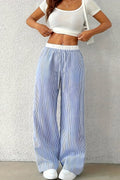 Sky Blue Stripe Drawstring High Waist Pants