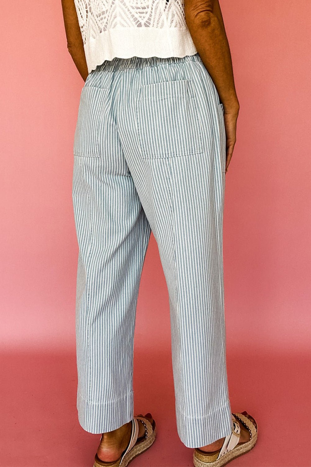 Sky Blue Striped Mid Rise Drawstring Waist Jeans