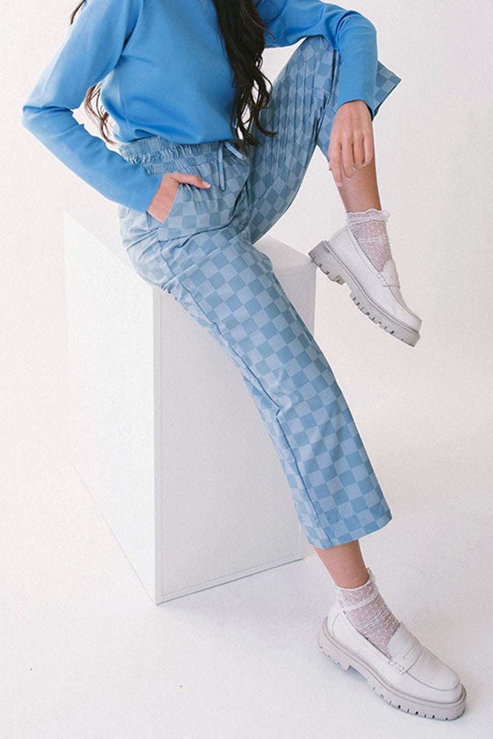 Sky Blue Tie Elastic Waist Checkered Loose Pants