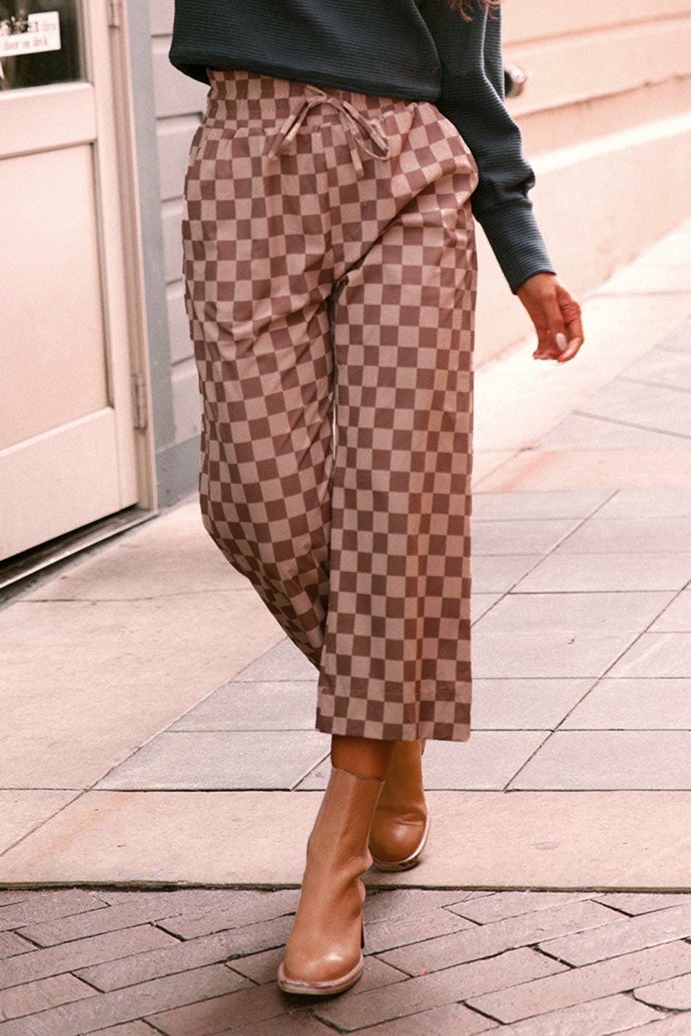 Sky Blue Tie Elastic Waist Checkered Loose Pants