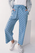Sky Blue Tie Elastic Waist Checkered Loose Pants