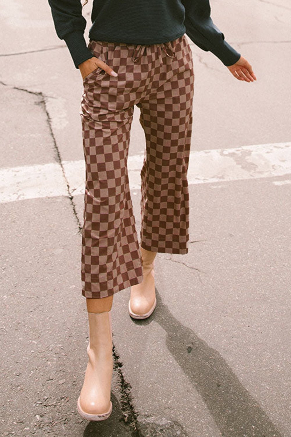 Sky Blue Tie Elastic Waist Checkered Loose Pants