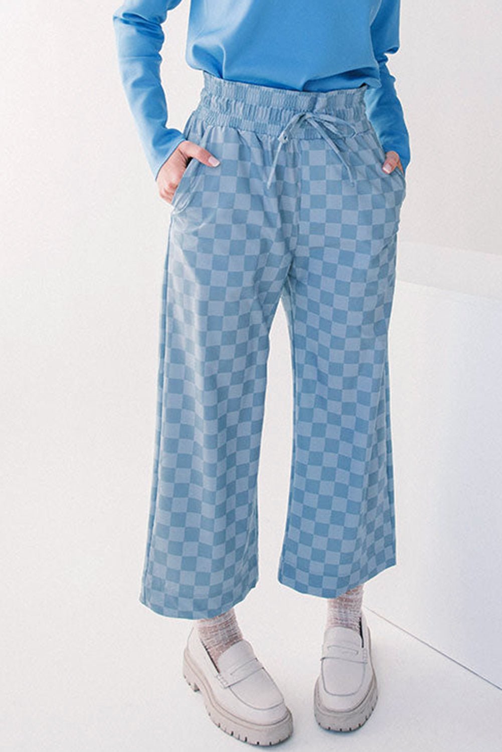 Sky Blue Tie Elastic Waist Checkered Loose Pants