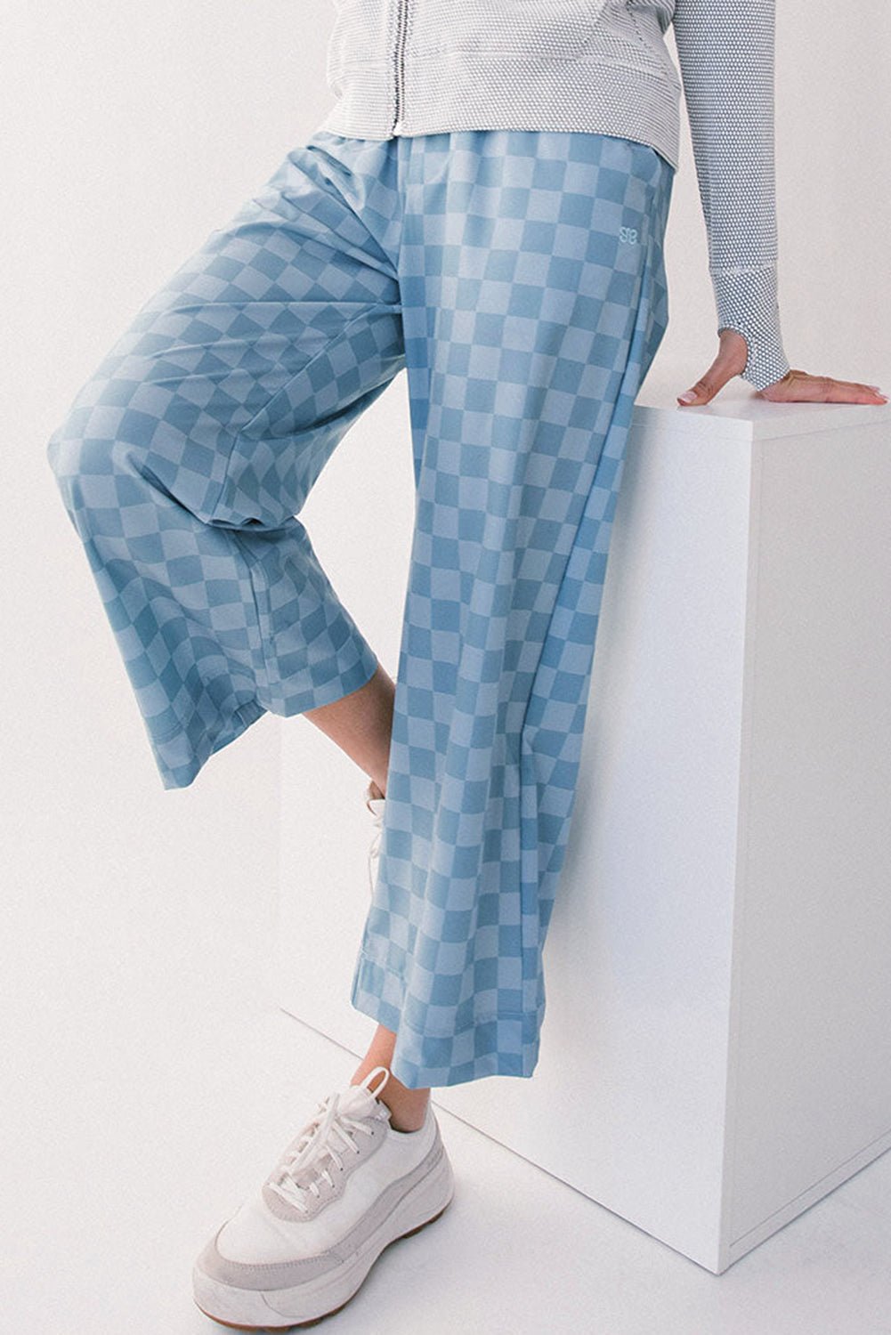Sky Blue Tie Elastic Waist Checkered Loose Pants