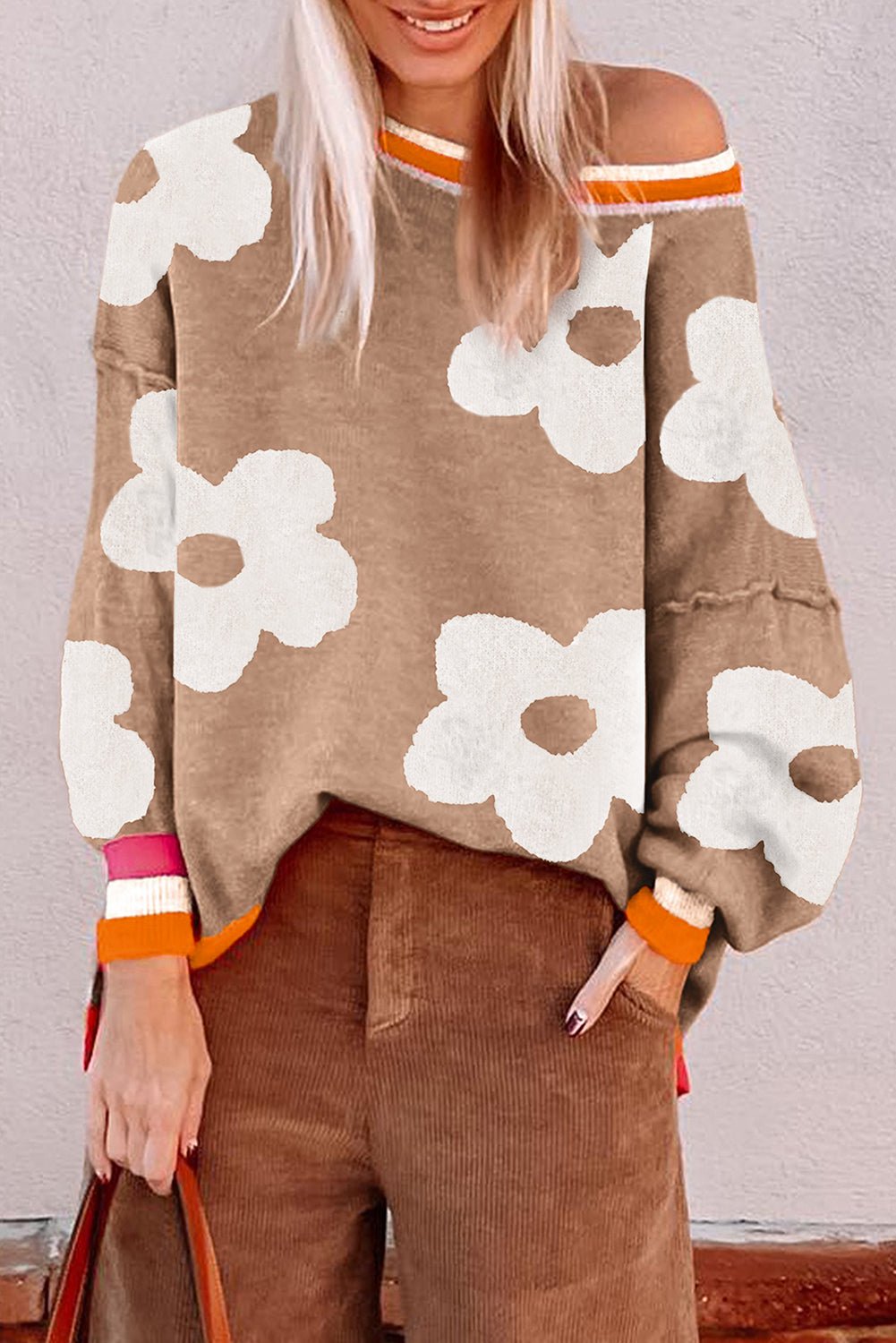 Smoke Gray Big Flower Pattern Contrast Striped Baggy Sweater