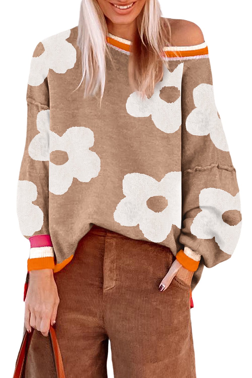 Smoke Gray Big Flower Pattern Contrast Striped Baggy Sweater
