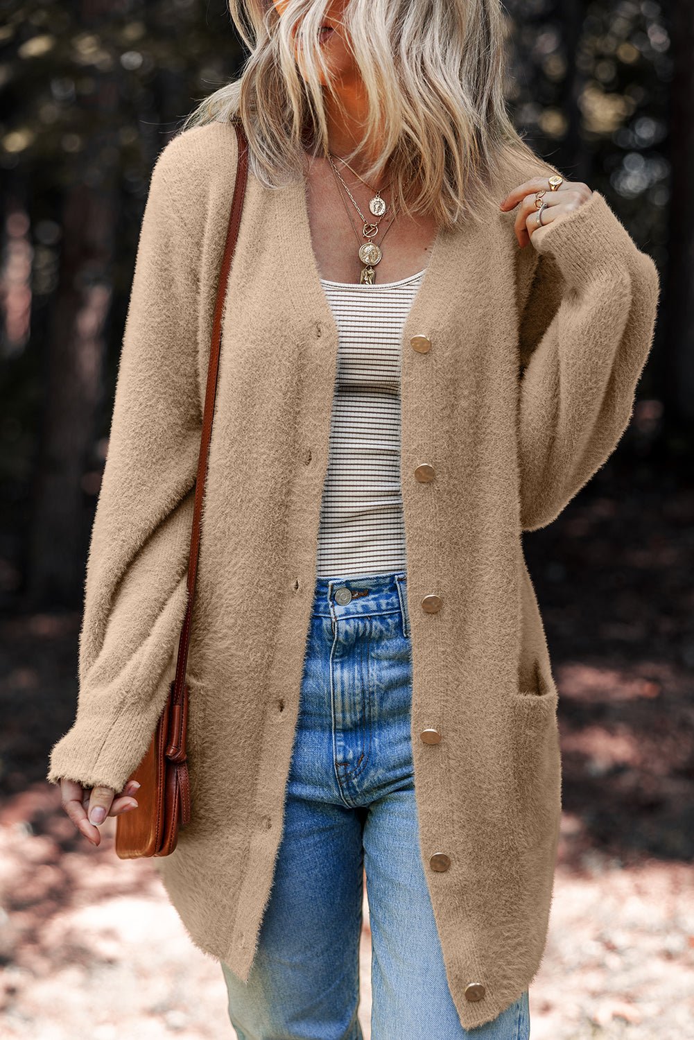 Smoke Gray Fuzzy Buttoned Front Midi Solid Cardigan