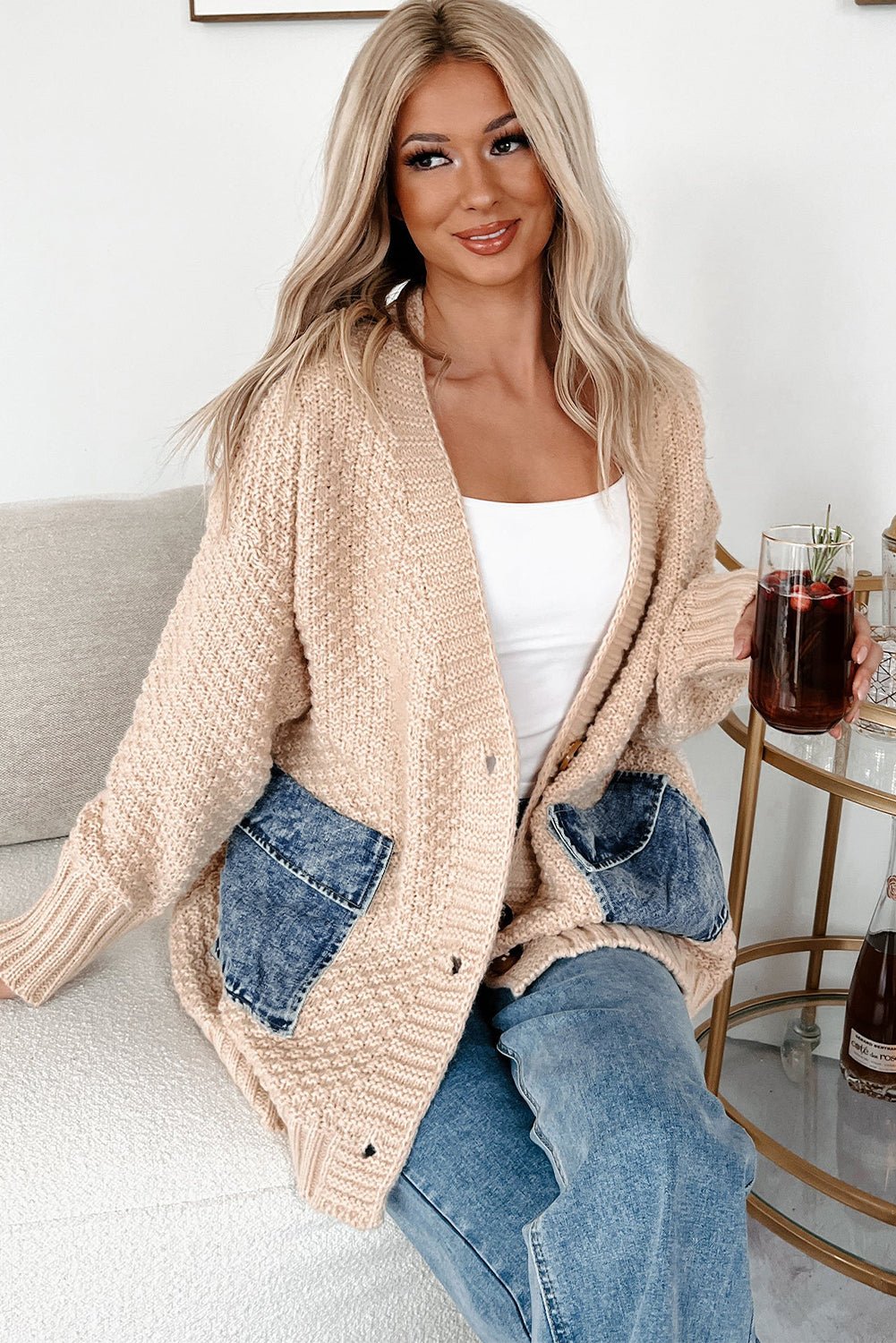 Smoke Gray Open Front Knitted Denim Pocket Patchwork Cardigan
