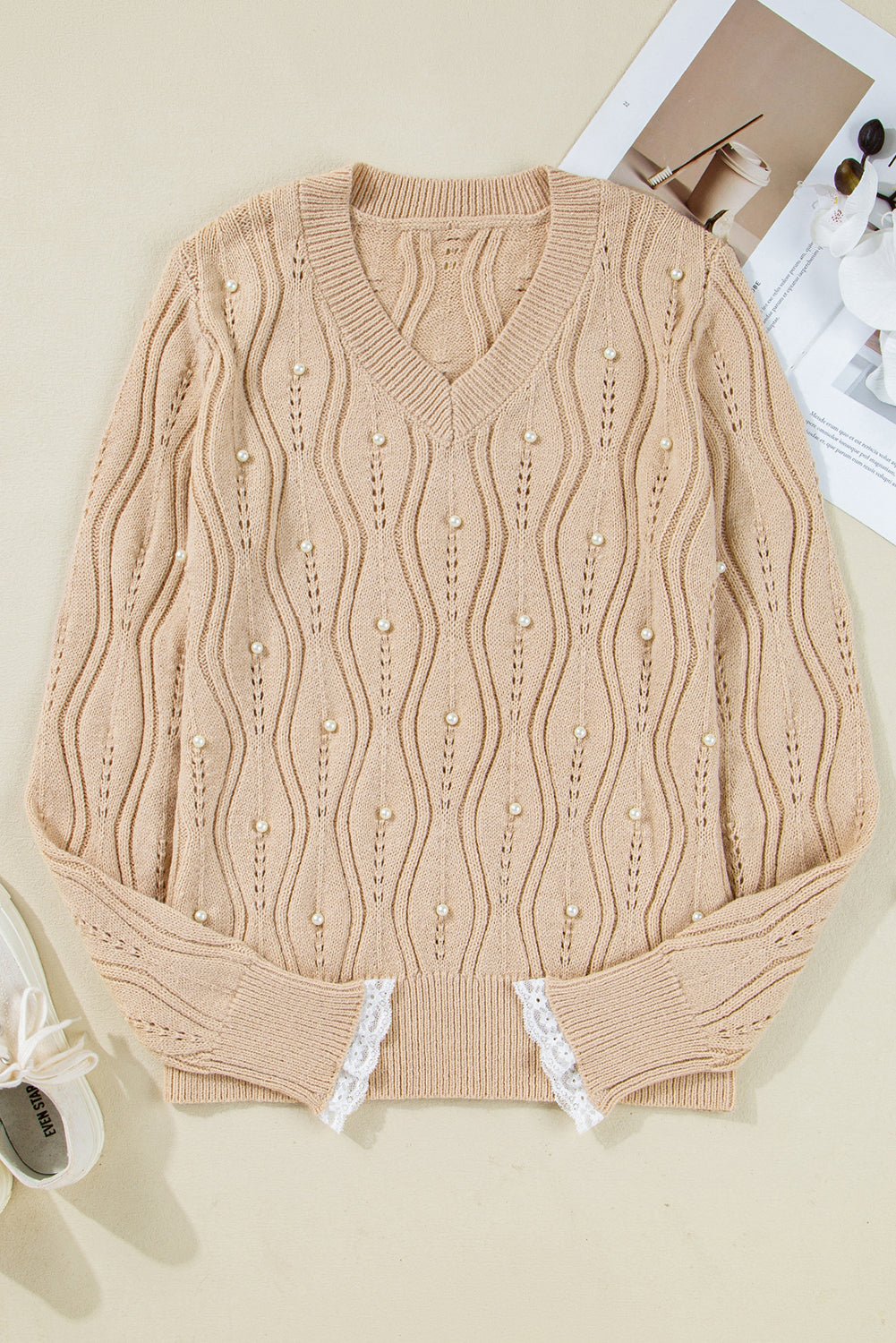 Smoke Gray Pearl Beaded Embellished Lace Applique Pointelle Knit Sweater