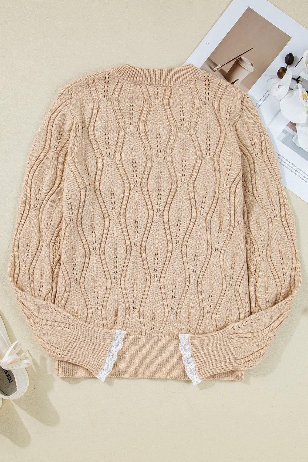 Smoke Gray Pearl Beaded Embellished Lace Applique Pointelle Knit Sweater