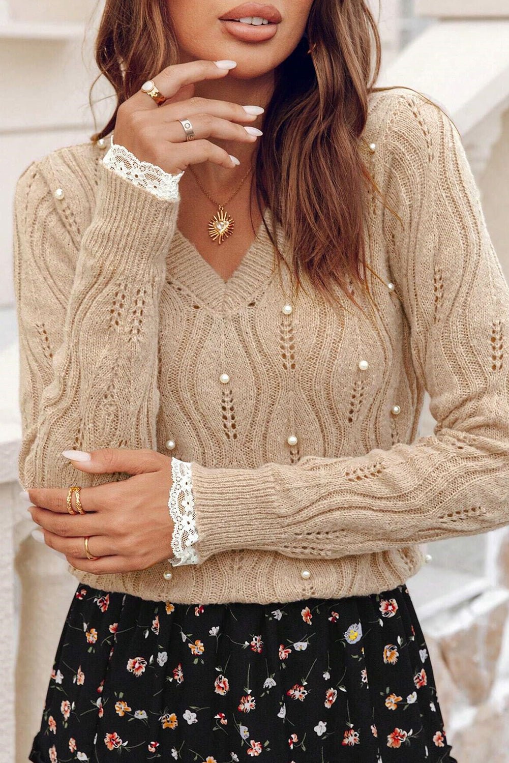 Smoke Gray Pearl Beaded Embellished Lace Applique Pointelle Knit Sweater