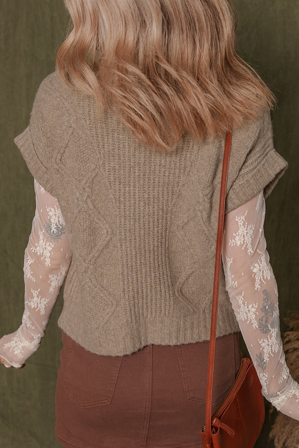 Smoke Gray Textured Knit Mock Neck Short Sleeve Sweater