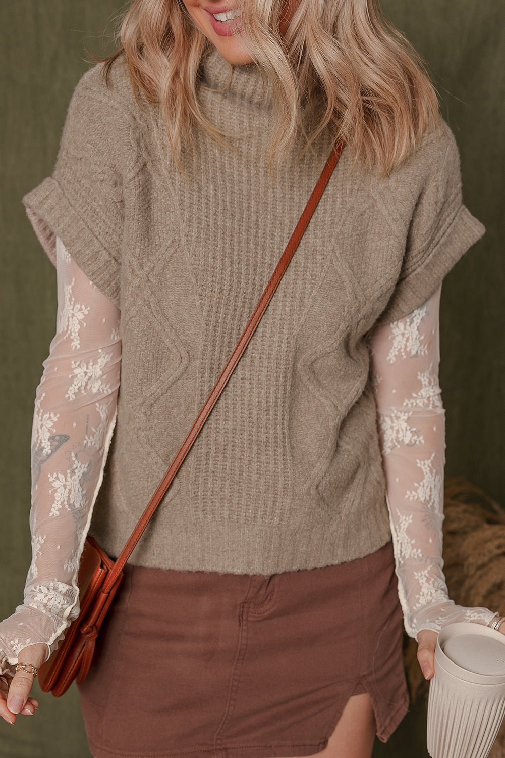 Smoke Gray Textured Knit Mock Neck Short Sleeve Sweater