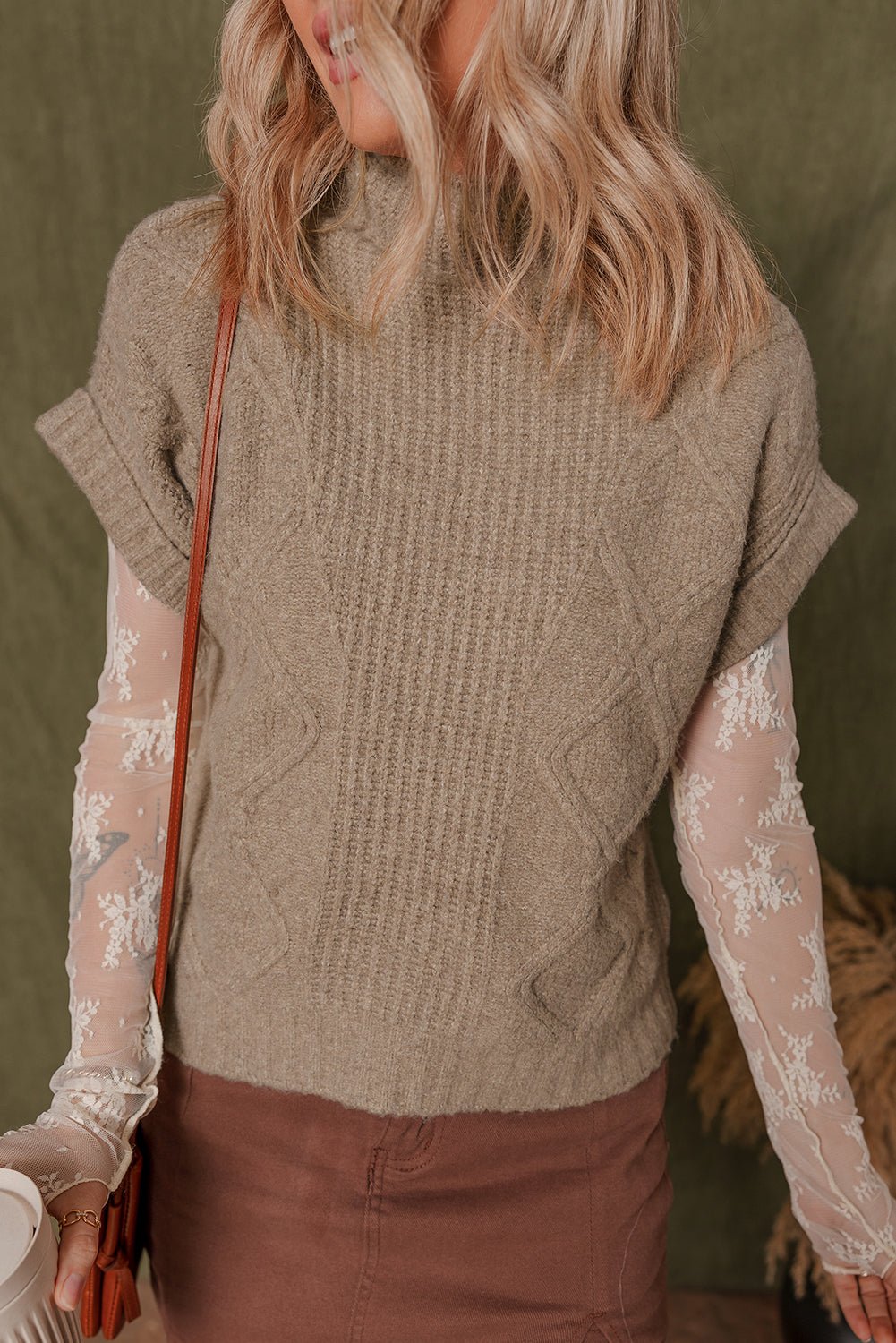 Smoke Gray Textured Knit Mock Neck Short Sleeve Sweater