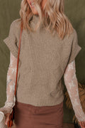 Smoke Gray Textured Knit Mock Neck Short Sleeve Sweater
