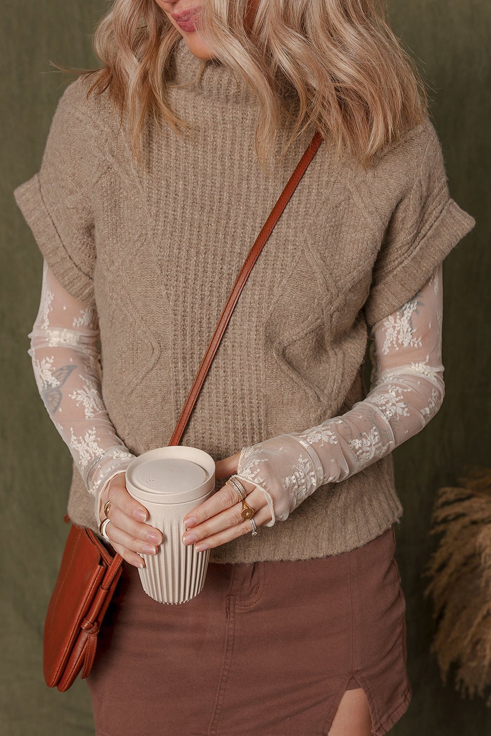 Smoke Gray Textured Knit Mock Neck Short Sleeve Sweater