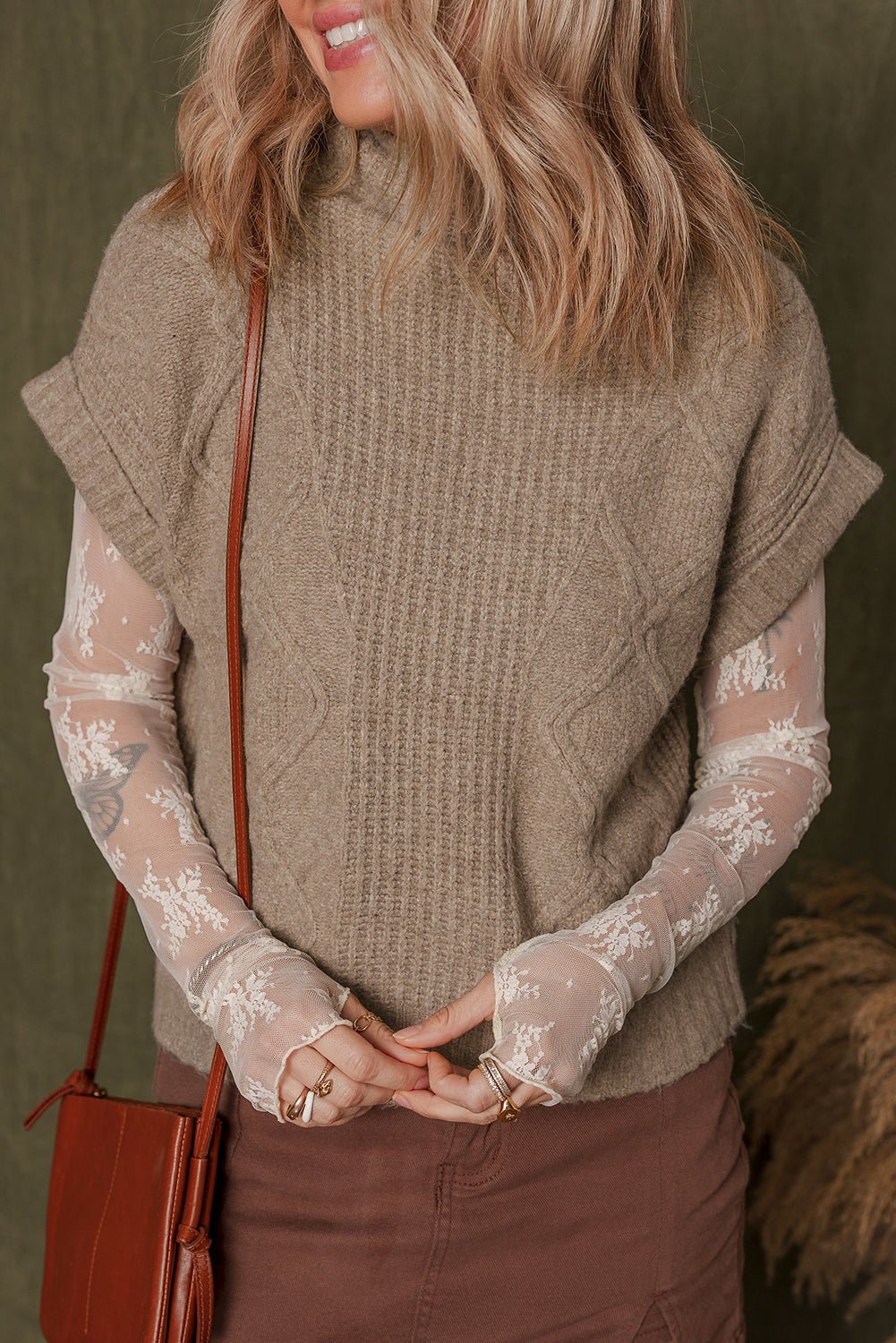 Smoke Gray Textured Knit Mock Neck Short Sleeve Sweater