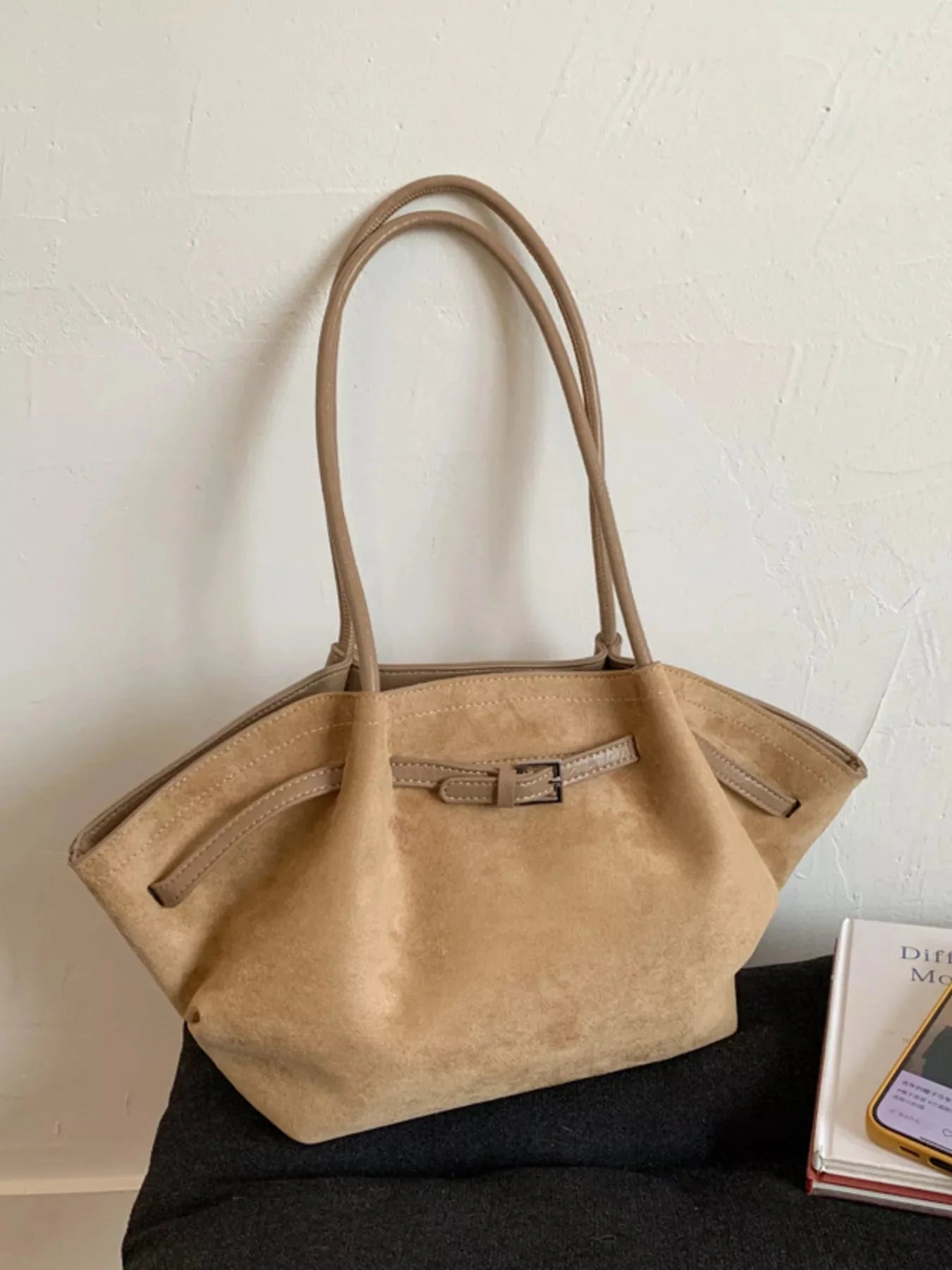 Solid Color Buckle Tote Bag