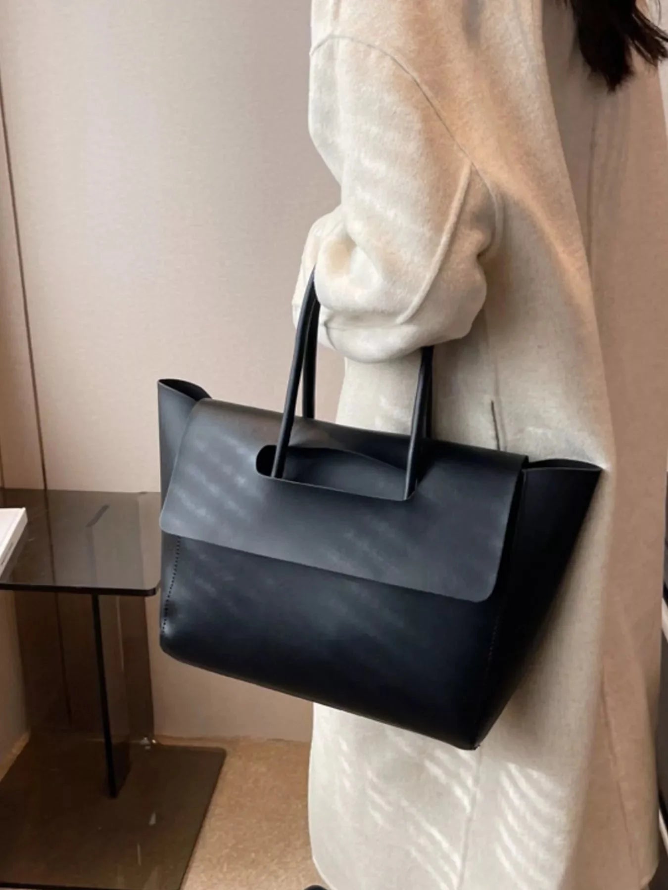Solid Color Leather Handbag