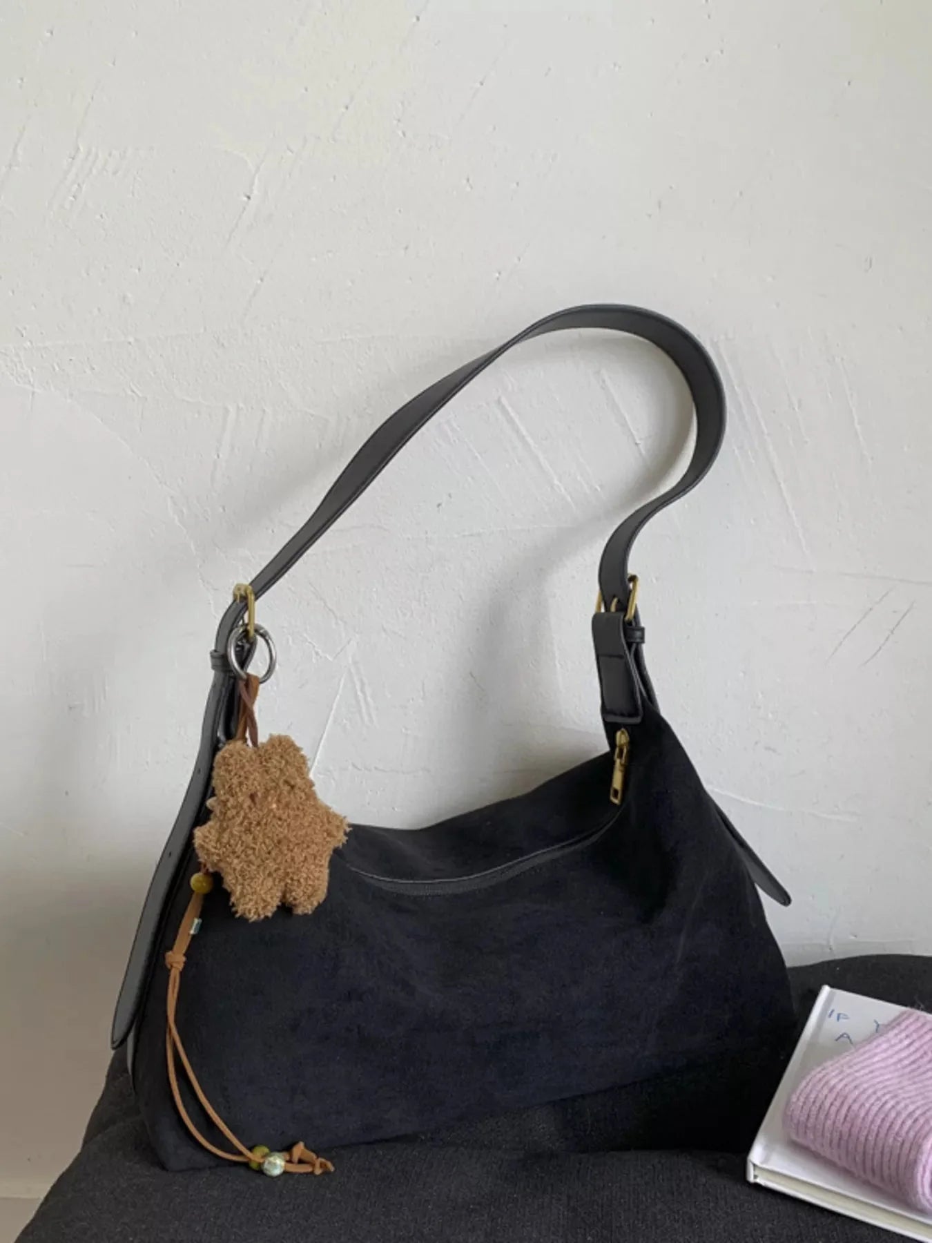 Solid Color Suede Hobo Crossbody Bag