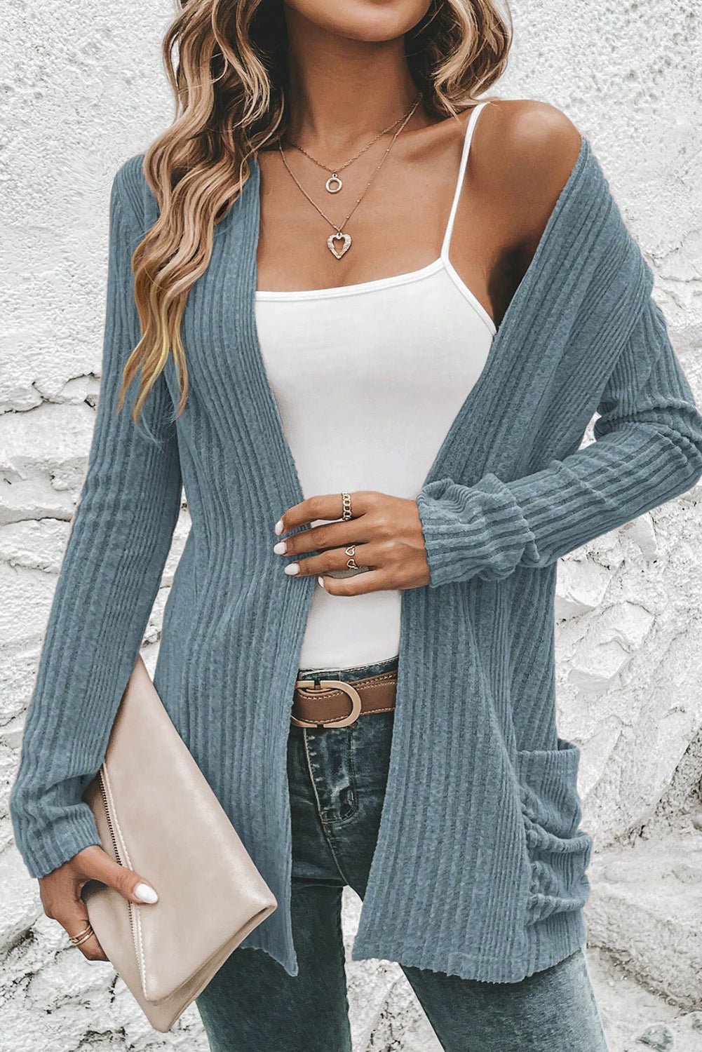 Stone Blue Ribbed Open Front Knitted Top with Pockets