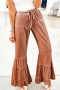 Mineral Wash Lace-up High Waist Tiered Flared Pants