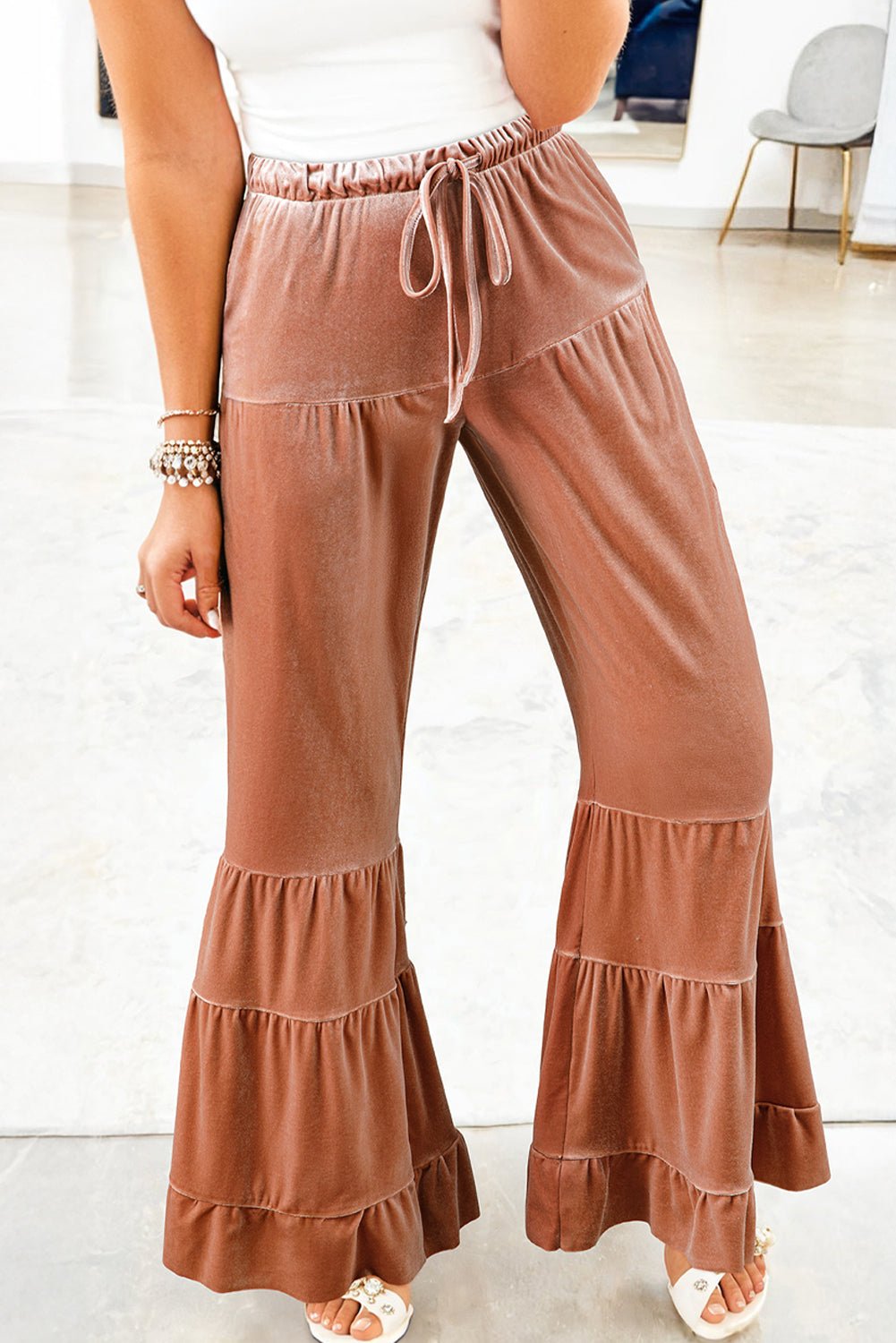 Mineral Wash Lace-up High Waist Tiered Flared Pants