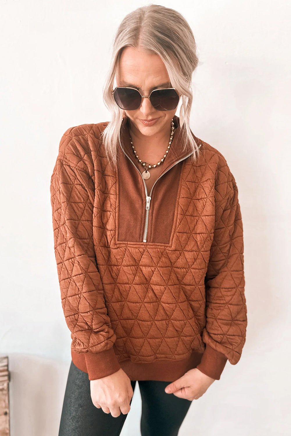 Straw Yellow Textured Zipper Neck Long Sleeve Pullover Sweatshirt