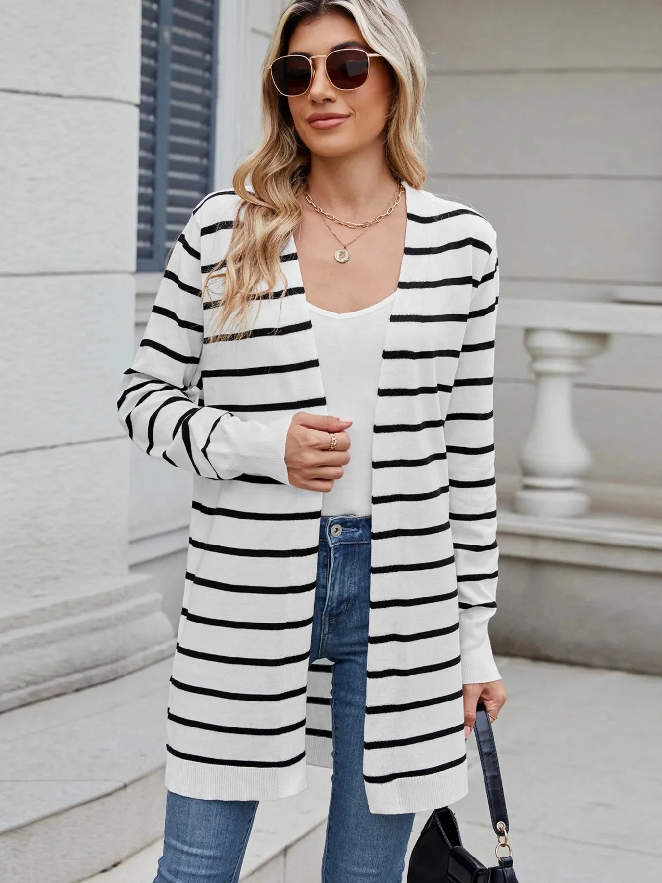Striped Open Front Cardigan with Relaxed Fit