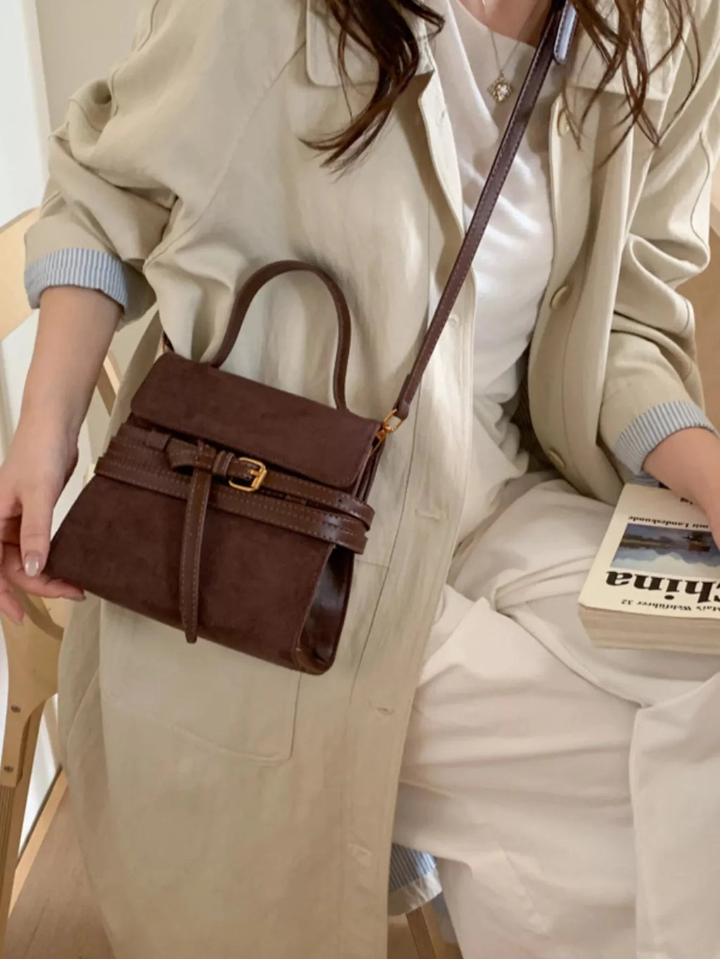 Suede Buckle Decor Crossbody Bag