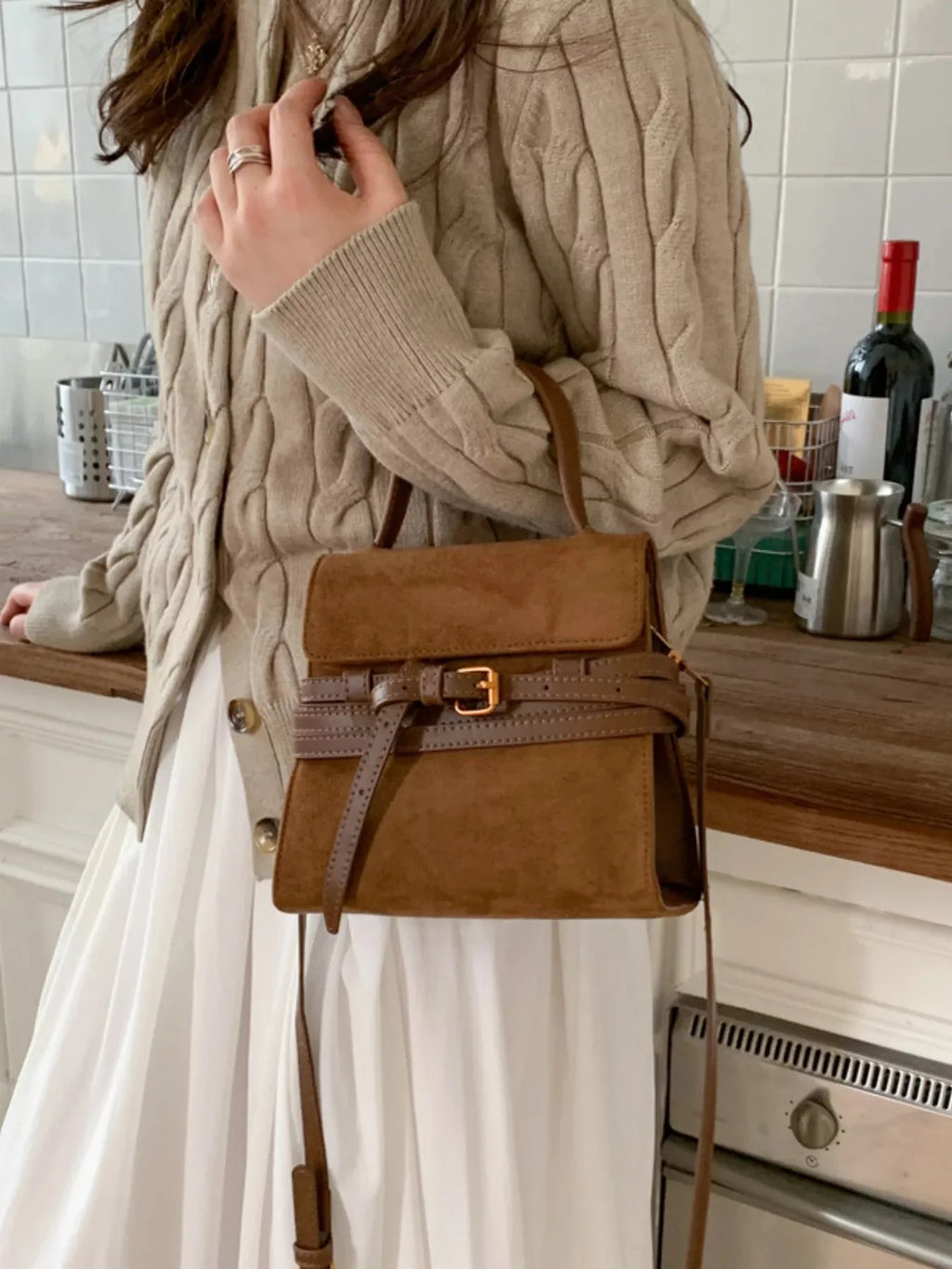 Suede Buckle Decor Crossbody Bag