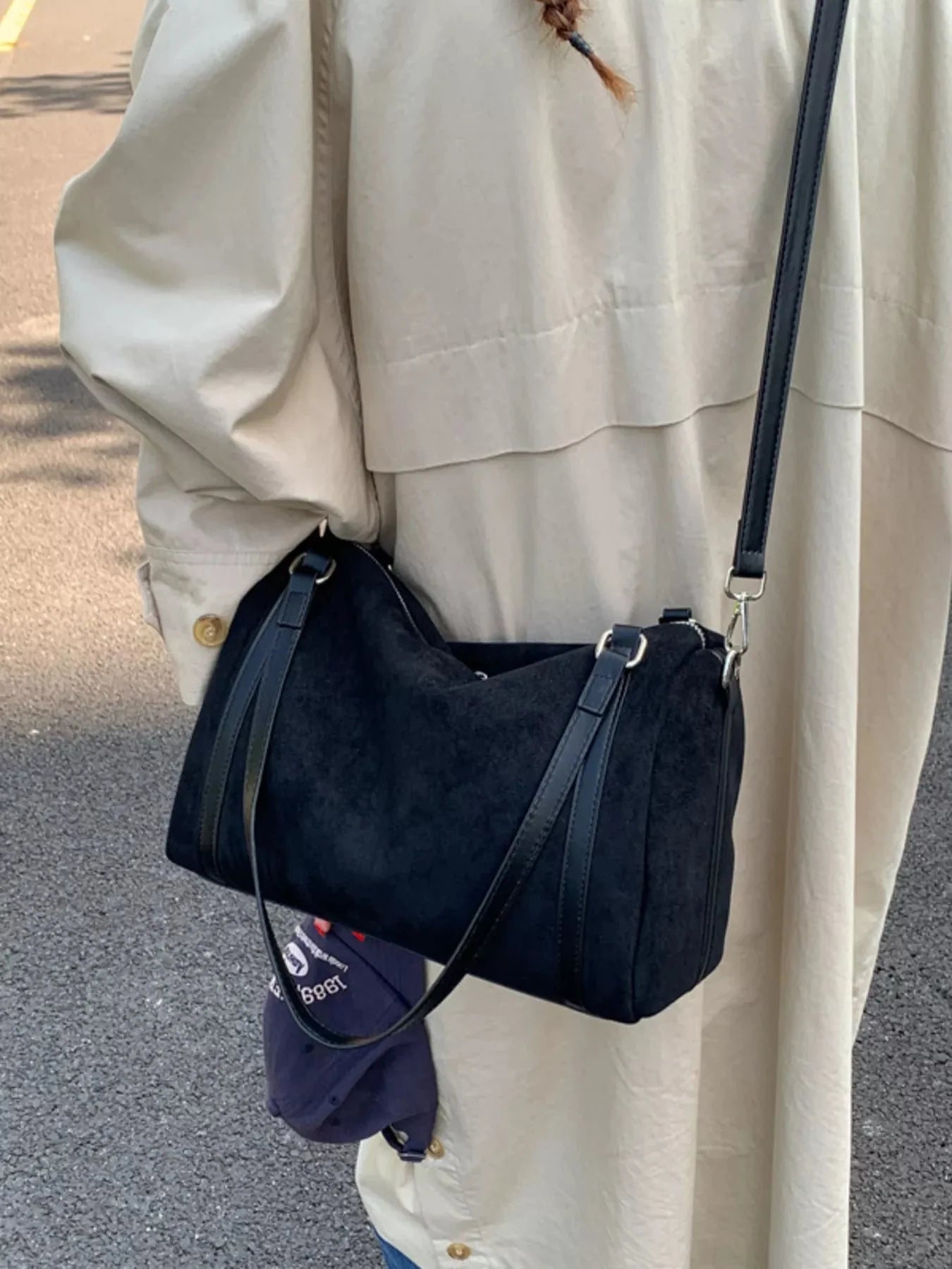 Suede Crossbody Bag with Zipper