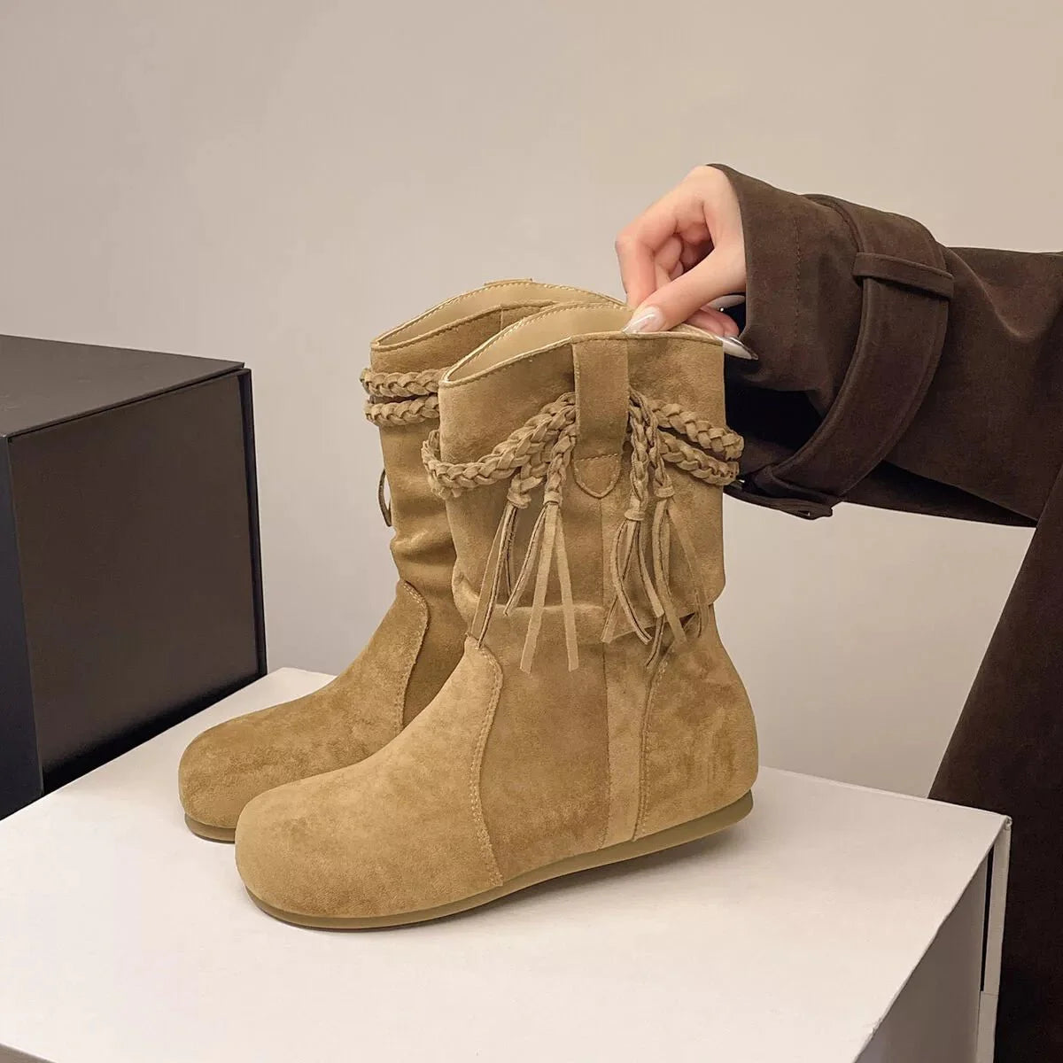 Suede Fringe Round Toe Boots