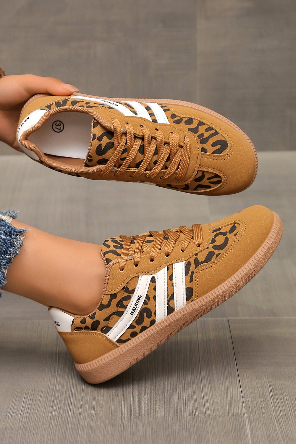 Thai Curry PU Leather Leopard Patchwork Contrast Detail Lace-up Shoes