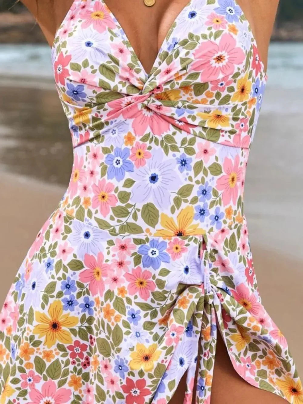 Twisted Front Crisscross Double Spaghetti Strap One-Piece Swimwear