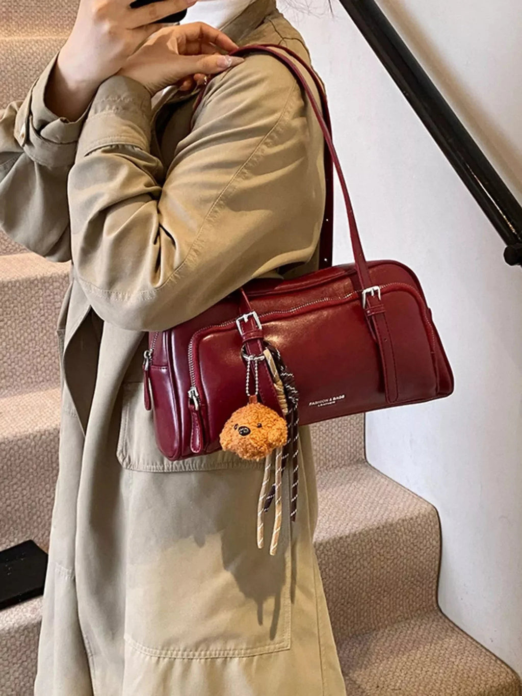 Vintage Style Leather Shoulder Bag with Charm