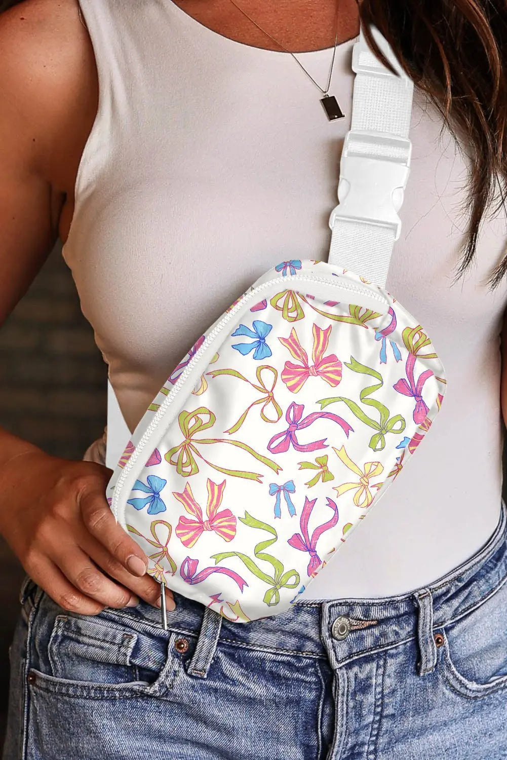 White Bow Print Zipper Wide Belt Crossbody Bag